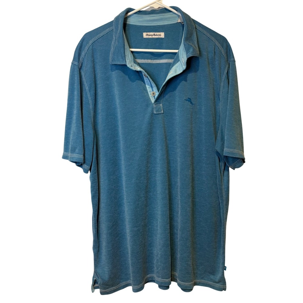 Tommy Bahama Polo Shirt Mens 2XL Blue Tencel Blend Short Sleeve Marlin Logo Golf